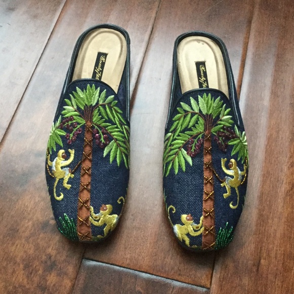 Beverly Feldman Shoes - BEVERLY FELDMAN Beaded Monkey Denim Mule Slides